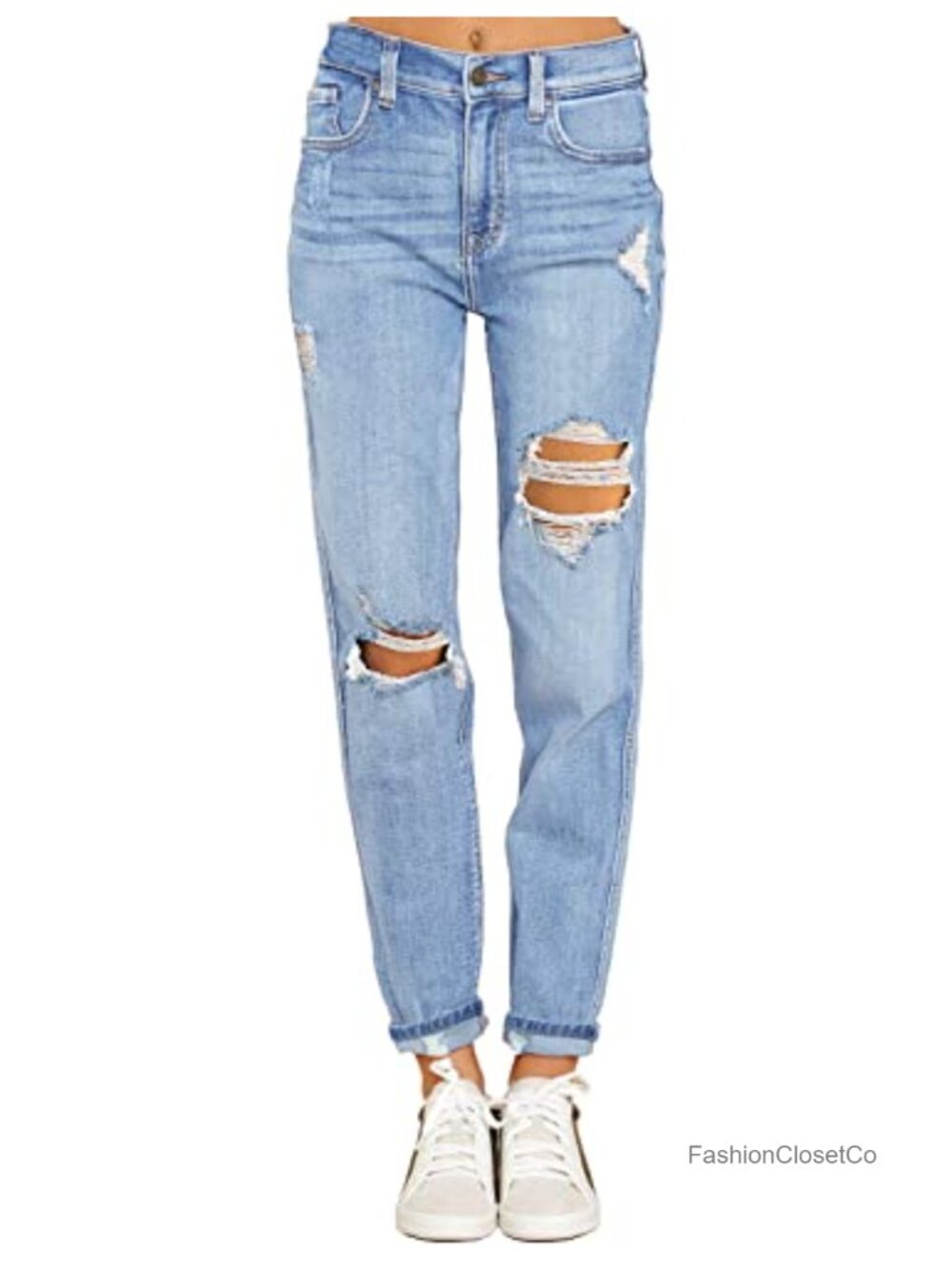 Women's Boyfriend Jeans - High Rise Stretch Denim - Ripped Distressed Pants